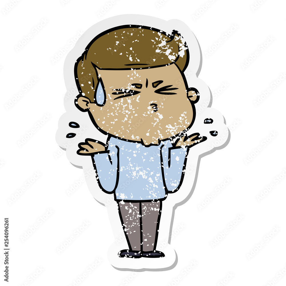 distressed sticker of a cartoon man sweating distressed sticker of a cartoon man sweating