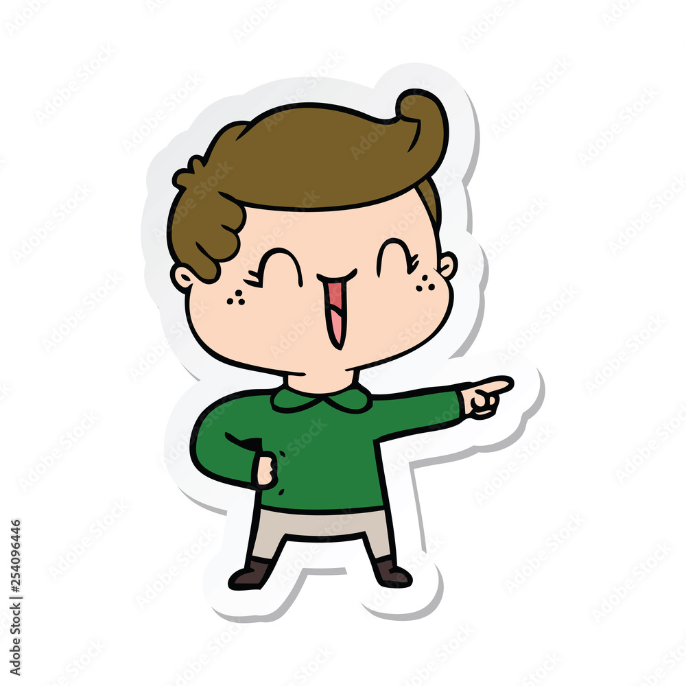 sticker of a cartoon laughing boy pointing sticker of a cartoon laughing boy pointing