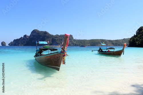 Long tail boat and tropical beach on Phi Phi island Thailand