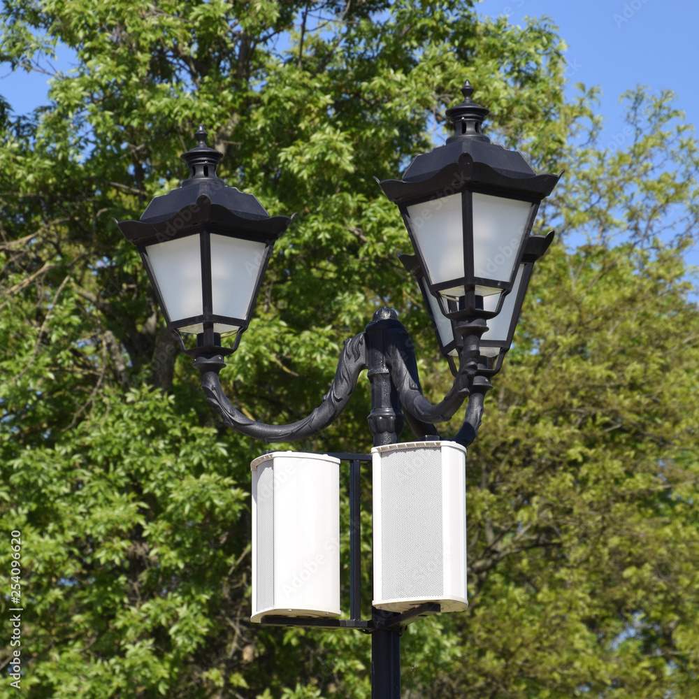 The loudspeaker on the pole. Outdoor speakers for fun walking in the park. A pillar with lights and speakers.