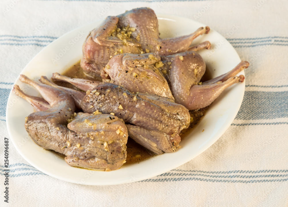 Quail on Platter being Seasoned and Marinated for Grilling Quail on Platter being Seasoned and Marinated for Grilling