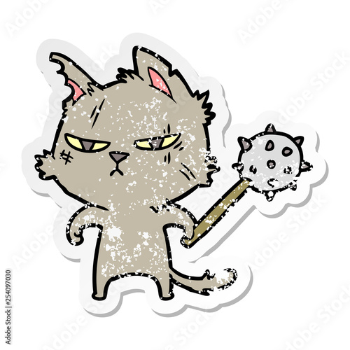 distressed sticker of a tough cartoon cat with mace