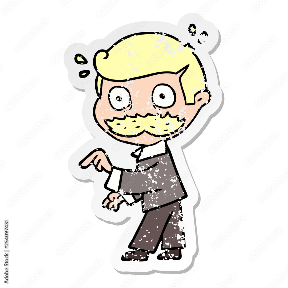 distressed sticker of a cartoon man with mustache making a point distressed sticker of a cartoon man with mustache making a point