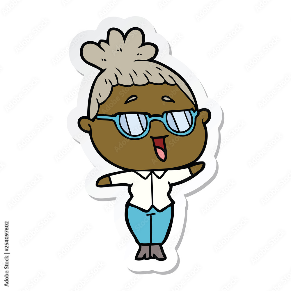 sticker of a cartoon happy woman wearing spectacles