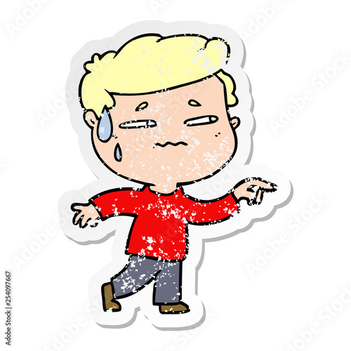 distressed sticker of a cartoon anxious man pointing