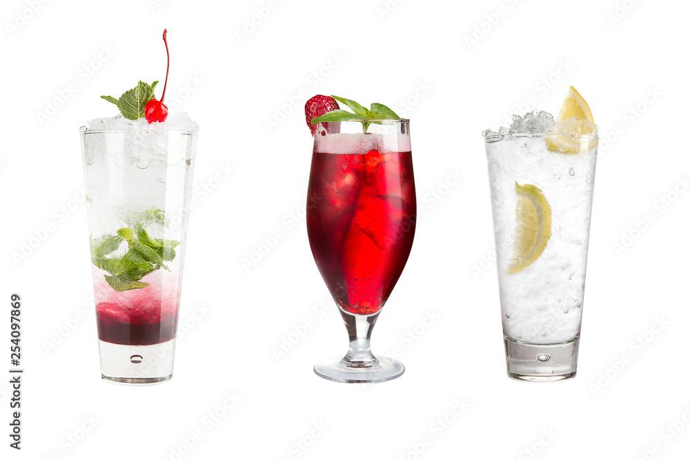 Fototapeta premium A variety of alcoholic drinks, beverages and cocktails on a white background. Three popular drinks.