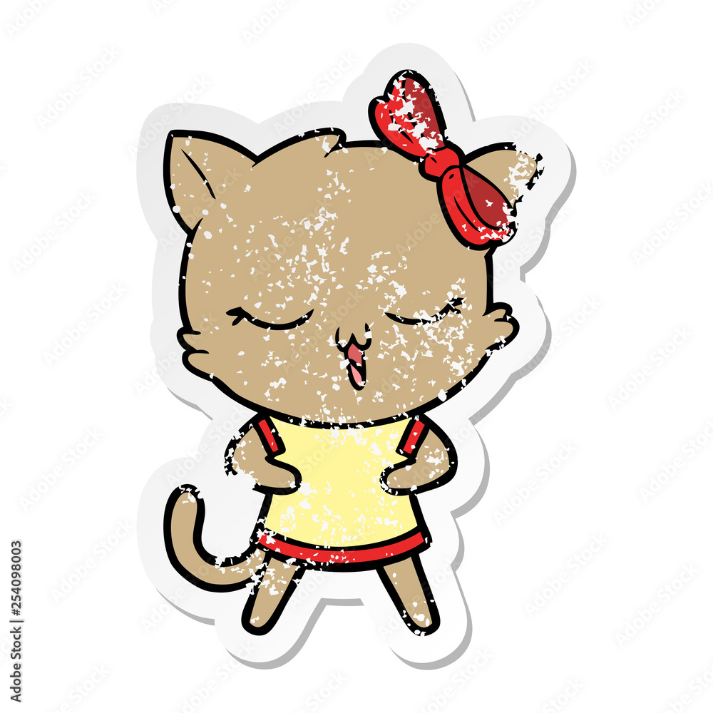 Obraz premium distressed sticker of a cartoon cat with bow on head