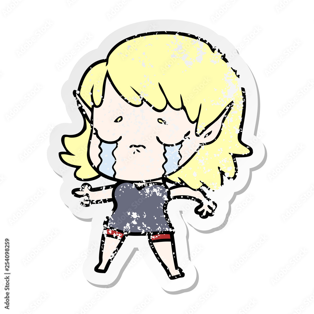 distressed sticker of a cartoon crying elf girl distressed sticker of a cartoon crying elf girl