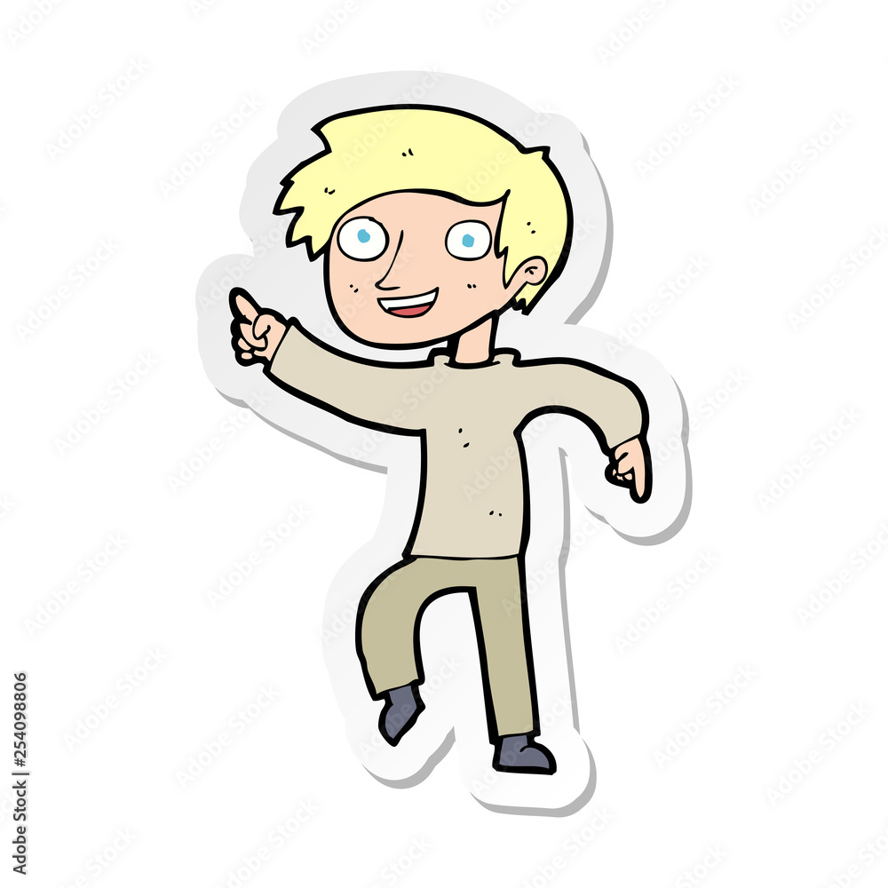 sticker of a cartoon happy boy pointing sticker of a cartoon happy boy pointing