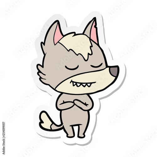 sticker of a friendly cartoon wolf