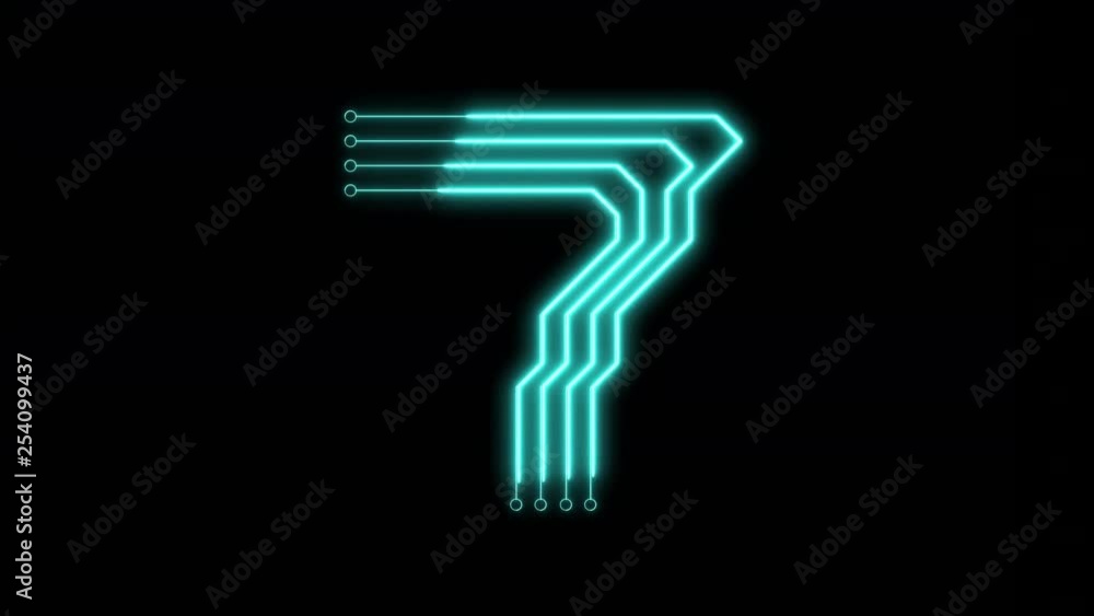 Animated blue neon glowing number 7 as circuit board style Animated blue neon glowing number 7 as circuit board style