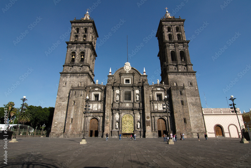 The Puebla Cathedral, in the city's historic center,  is a colonial cathedral, and is the see of the Roman Catholic Archdiocese of Puebla de los Angeles, Puebal City, Puebla, Mexico.