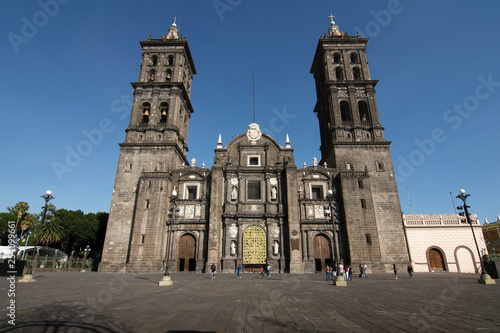 The Puebla Cathedral, in the city's historic center,  is a colonial cathedral, and is the see of the Roman Catholic Archdiocese of Puebla de los Angeles, Puebal City, Puebla, Mexico.
