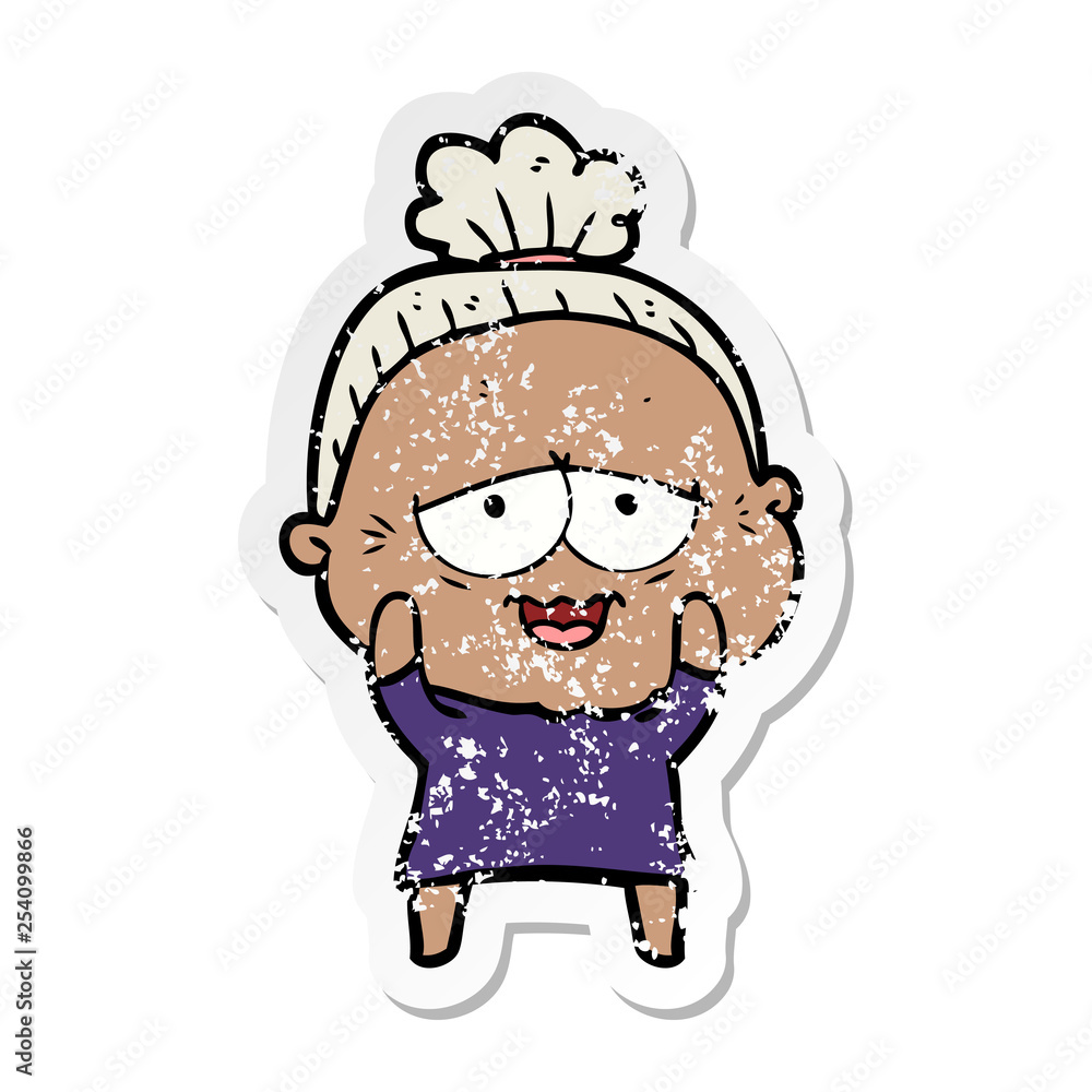 distressed sticker of a cartoon happy old lady distressed sticker of a cartoon happy old lady