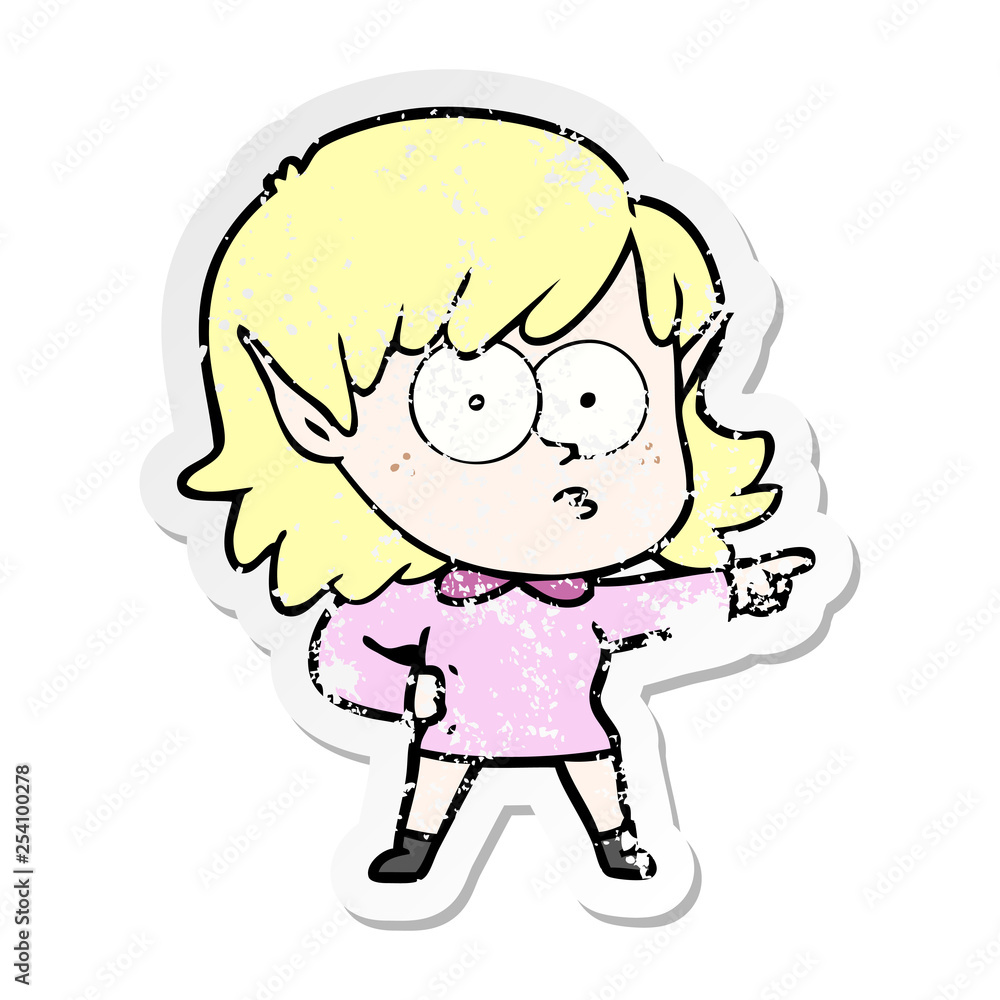 distressed sticker of a cartoon elf girl staring and pointing distressed sticker of a cartoon elf girl staring and pointing