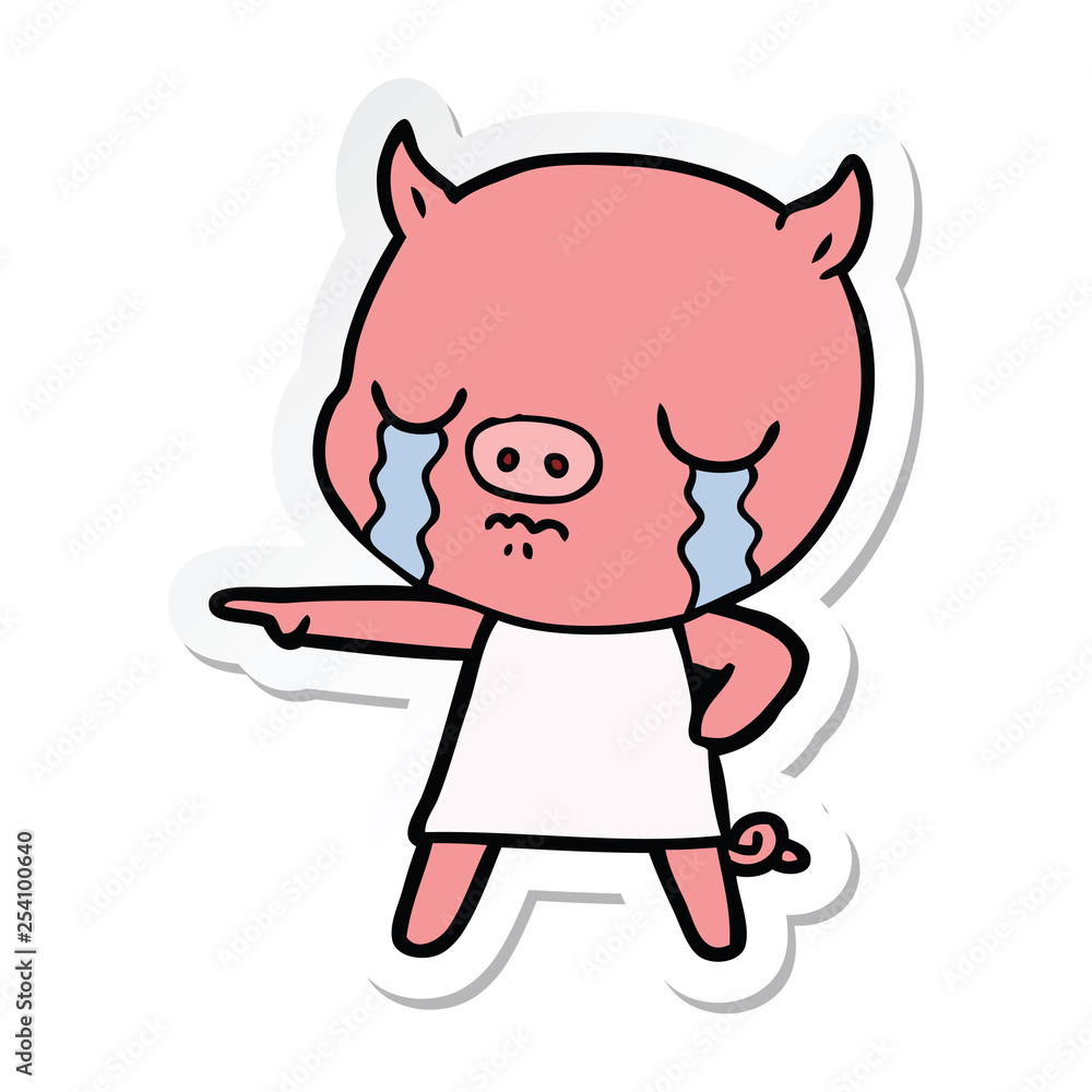 sticker of a cartoon pig crying pointing sticker of a cartoon pig crying pointing