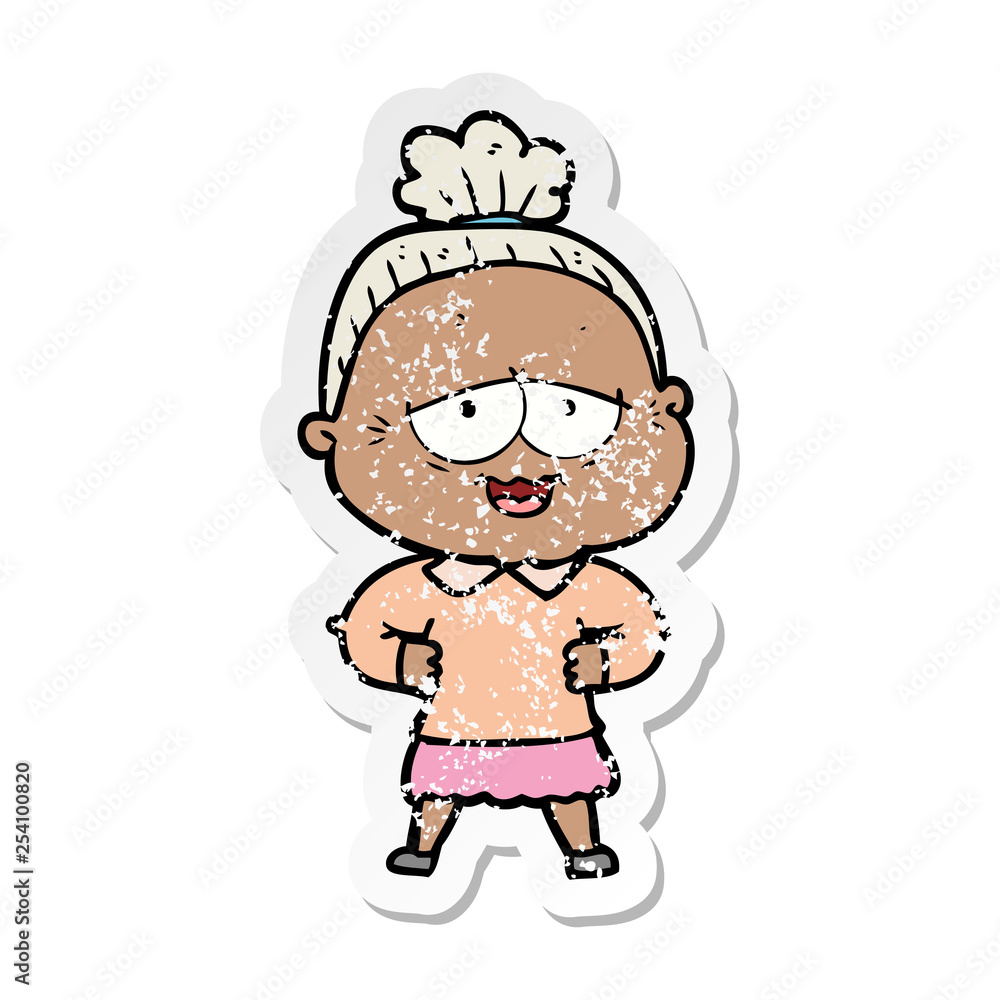 distressed sticker of a cartoon happy old lady distressed sticker of a cartoon happy old lady