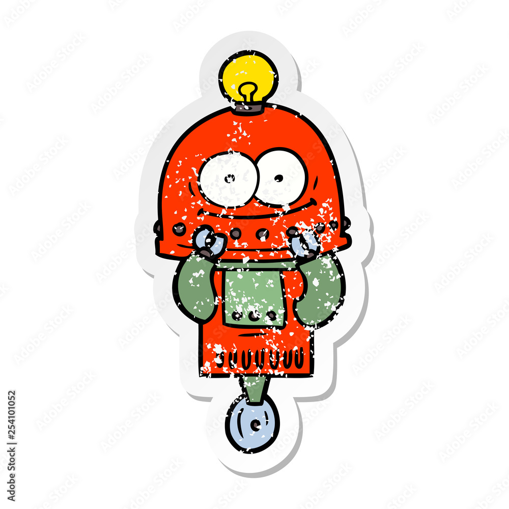 distressed sticker of a happy carton robot with light bulb distressed sticker of a happy carton robot with light bulb