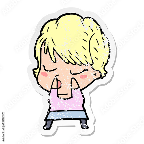 distressed sticker of a cartoon woman with eyes shut