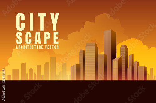 City downtown skyscrapers landscape architecture buildings sunset. illustration Vector