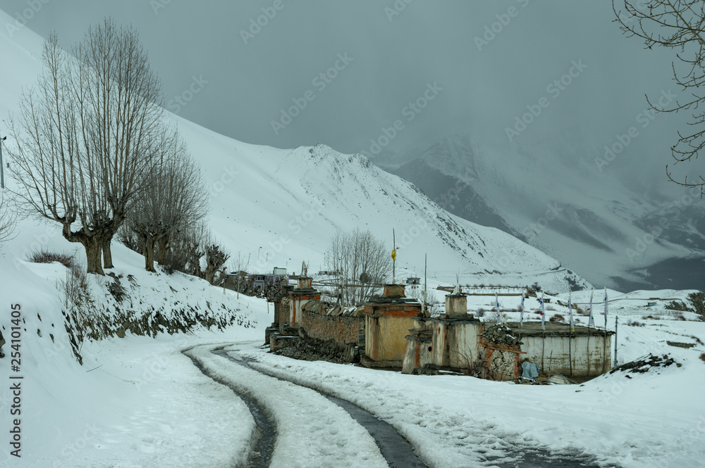 Vehicle Tracks on Snow Covered Road Near Village