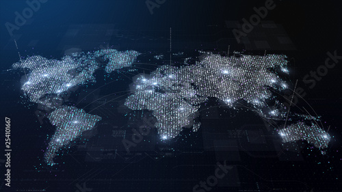 Fototapeta Naklejka Na Ścianę i Meble -  Futuristic global broadband internet communication between cities around the world with matrix particles continent map for head up display background
