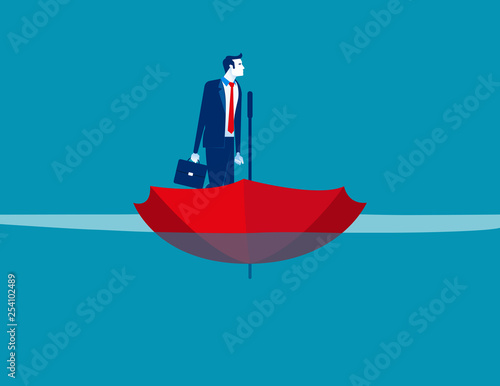 Businessman on umbrellar boat. Concept business vector, Sea, Water, Ship.