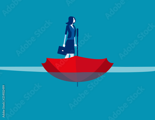 Businesswoman on umbrellar boat. Concept business vector, Sea, Water, Ship.
