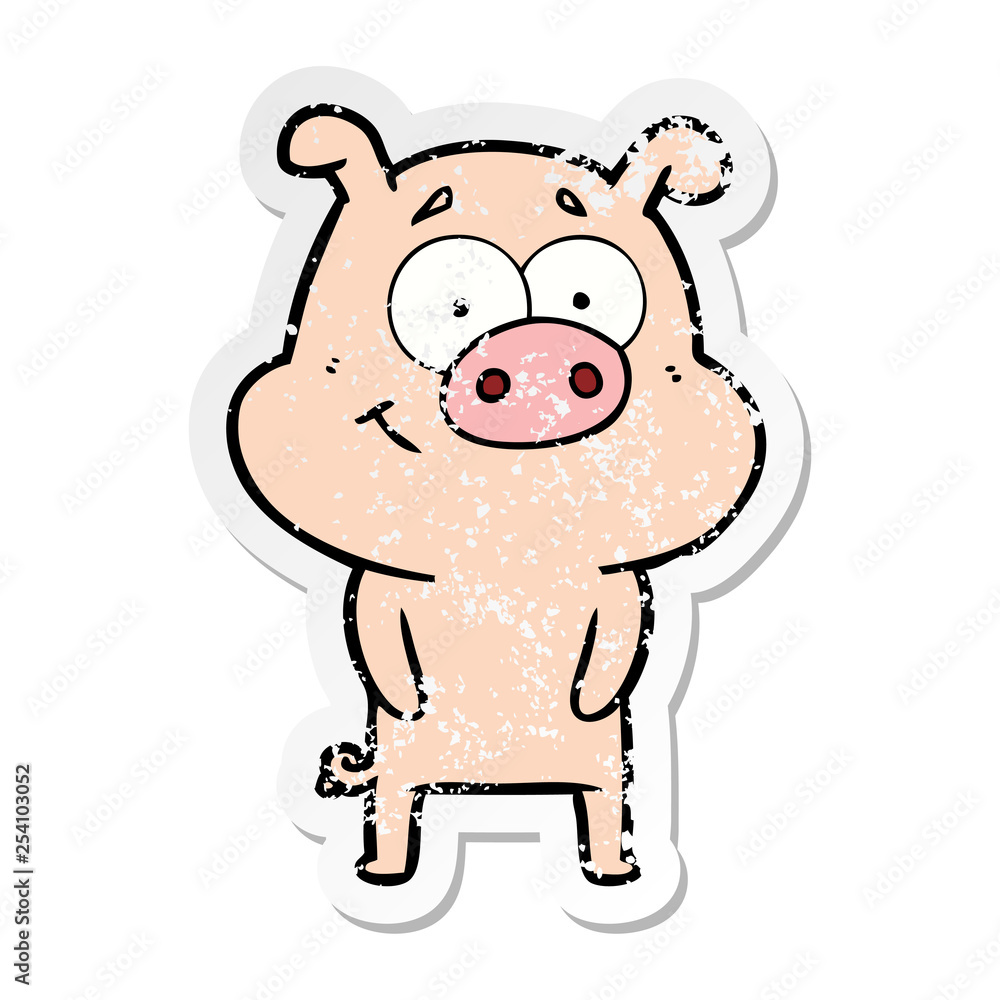 distressed sticker of a happy cartoon pig distressed sticker of a happy cartoon pig