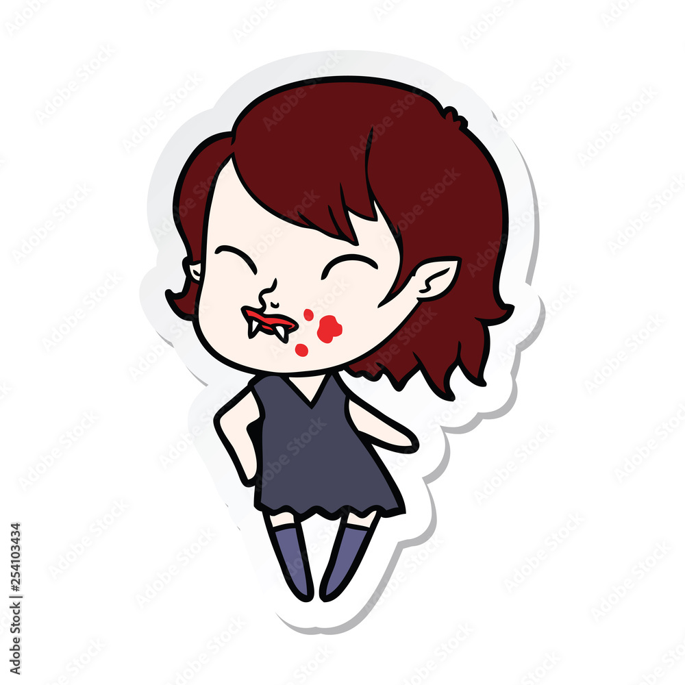 sticker of a cartoon vampire girl with blood on cheek sticker of a cartoon vampire girl with blood on cheek
