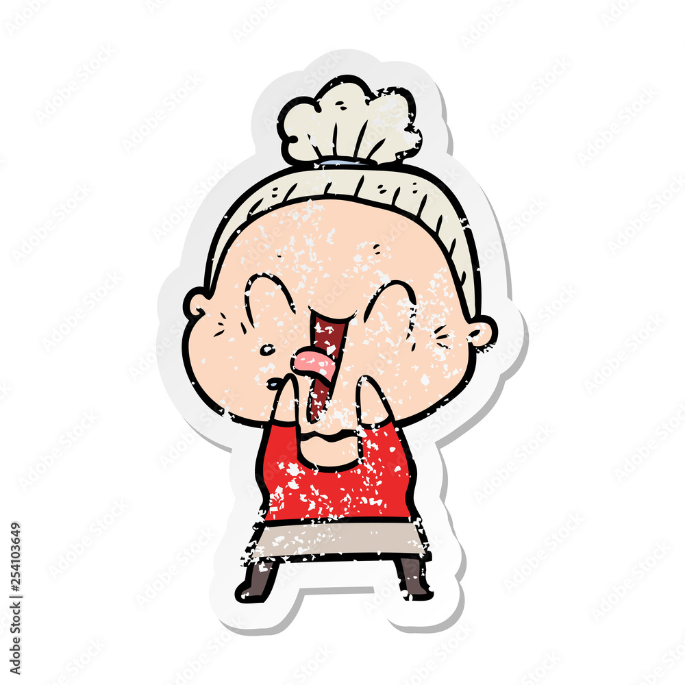 distressed sticker of a cartoon happy old woman distressed sticker of a cartoon happy old woman