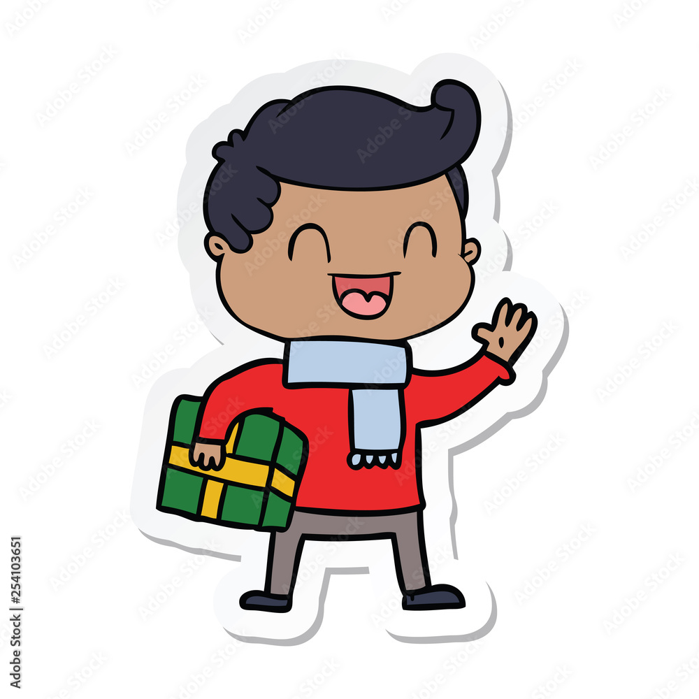 sticker of a cartoon laughing man holding gift sticker of a cartoon laughing man holding gift