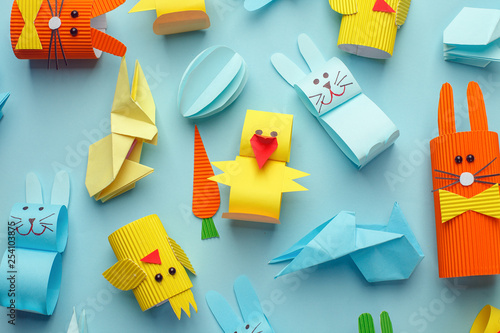 Easter diypattern background with papercraft decorative toys. Top view with copy space. Happy Easter card photo