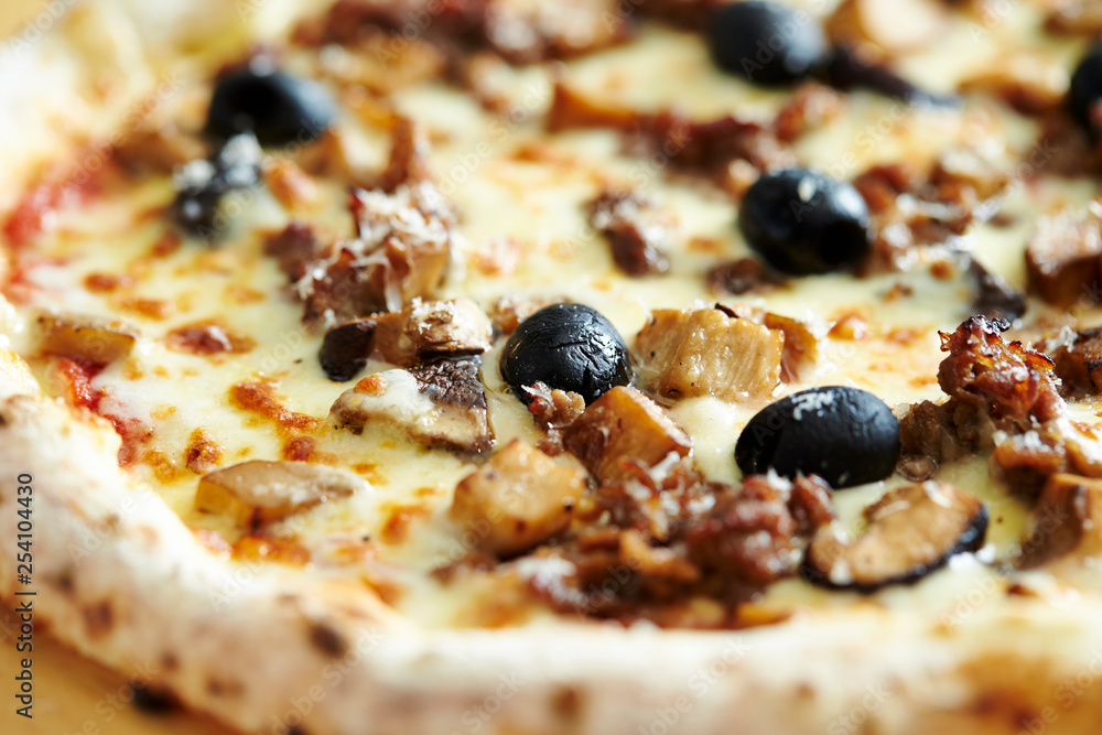 Grilled chicken, mushroom and olive pizza Grilled chicken, mushroom and olive pizza