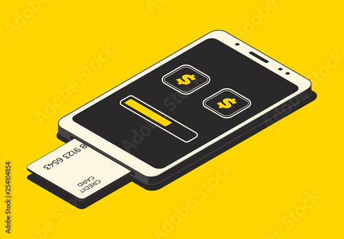 Mobile payment concept, financial transactions, online payment. Smartphone, money and credit card isolated on yellow background. Vector illustration