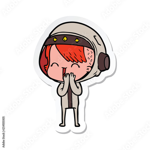 sticker of a giggling cartoon space girl