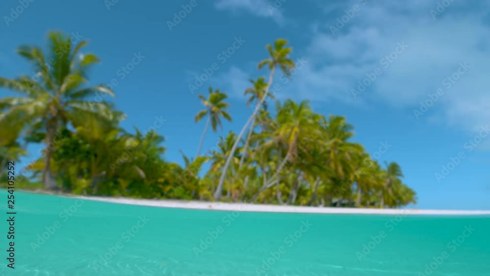 SLOW MOTION, HALF UNDERWATER: Blurred shot of the sandy tropical beach and the serene surface of the turquoise colored ocean water. Spectacular remote exotic island scenery on a sunny summer day. SLOW MOTION, HALF UNDERWATER: Blurred shot of the sandy tropical beach and the serene surface of the turquoise colored ocean water. Spectacular remote exotic island scenery on a sunny summer day.