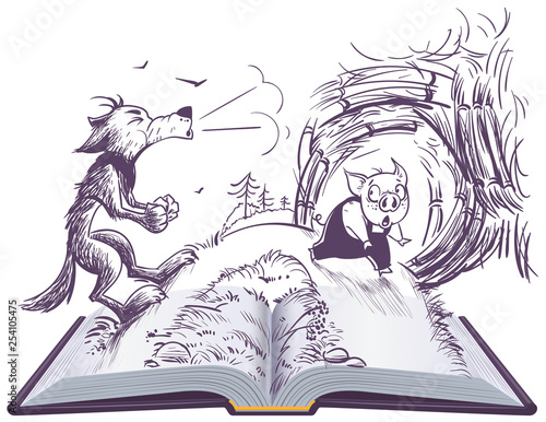 Three pigs fairy tale open book illustration. Wolf blowing broke house
