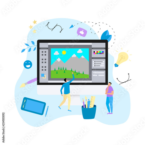 Flat vector graphic drawing concept with open illustration application with a creative project