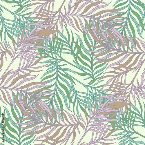 Decorative ornamental seamless spring tropical pattern. Endless elegant texture with leaves. Tempate for design fabric, backgrounds, wrapping paper, package, covers © ArinaKram
