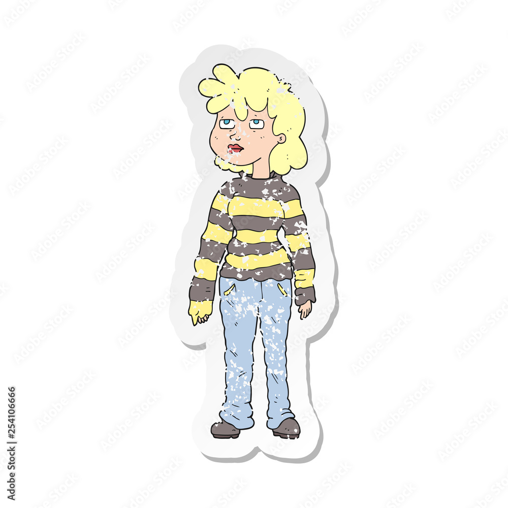 retro distressed sticker of a cartoon woman in casual clothes retro distressed sticker of a cartoon woman in casual clothes