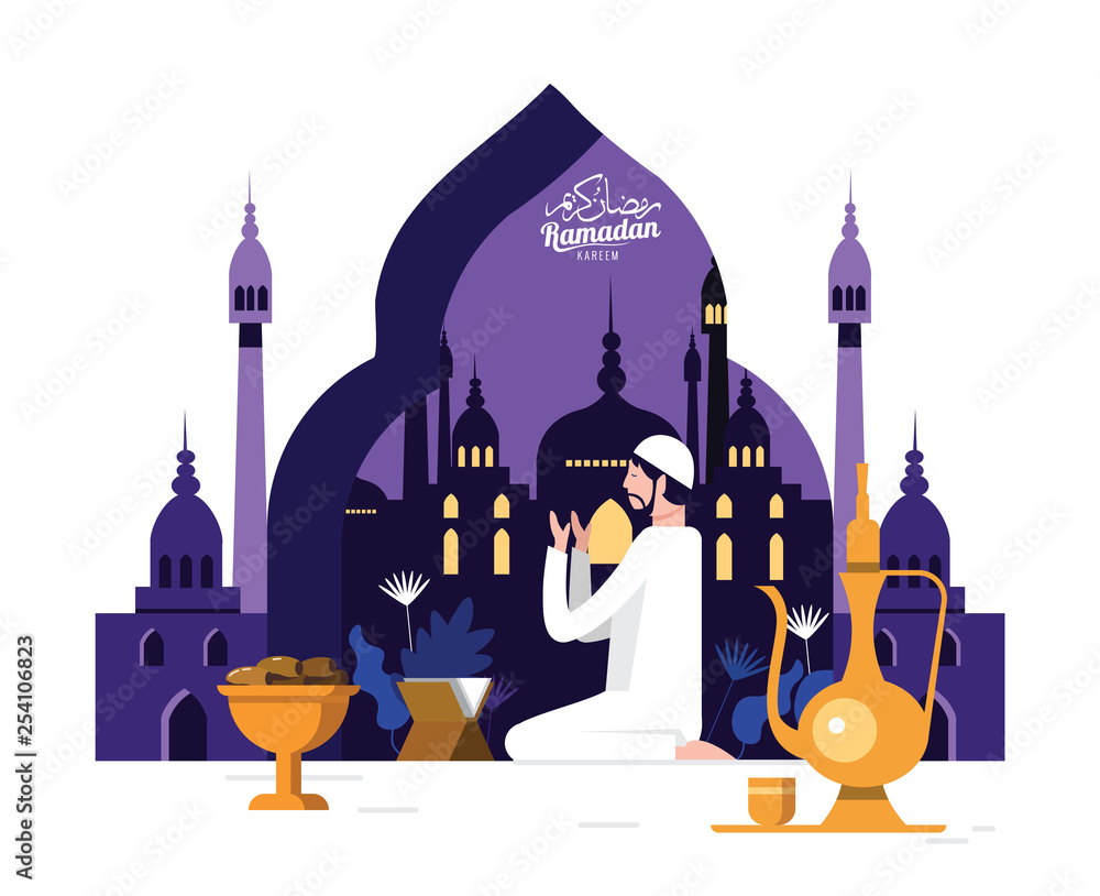 Muslim man in traditional outfit reading Namaaz, islamic prayer in front of islamic mosque Background for holy month of prayer, Ramadan Kareem celebration. flat design element. Vector illustration