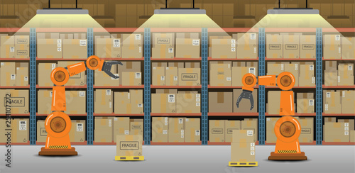 Warehouse with robot arms
