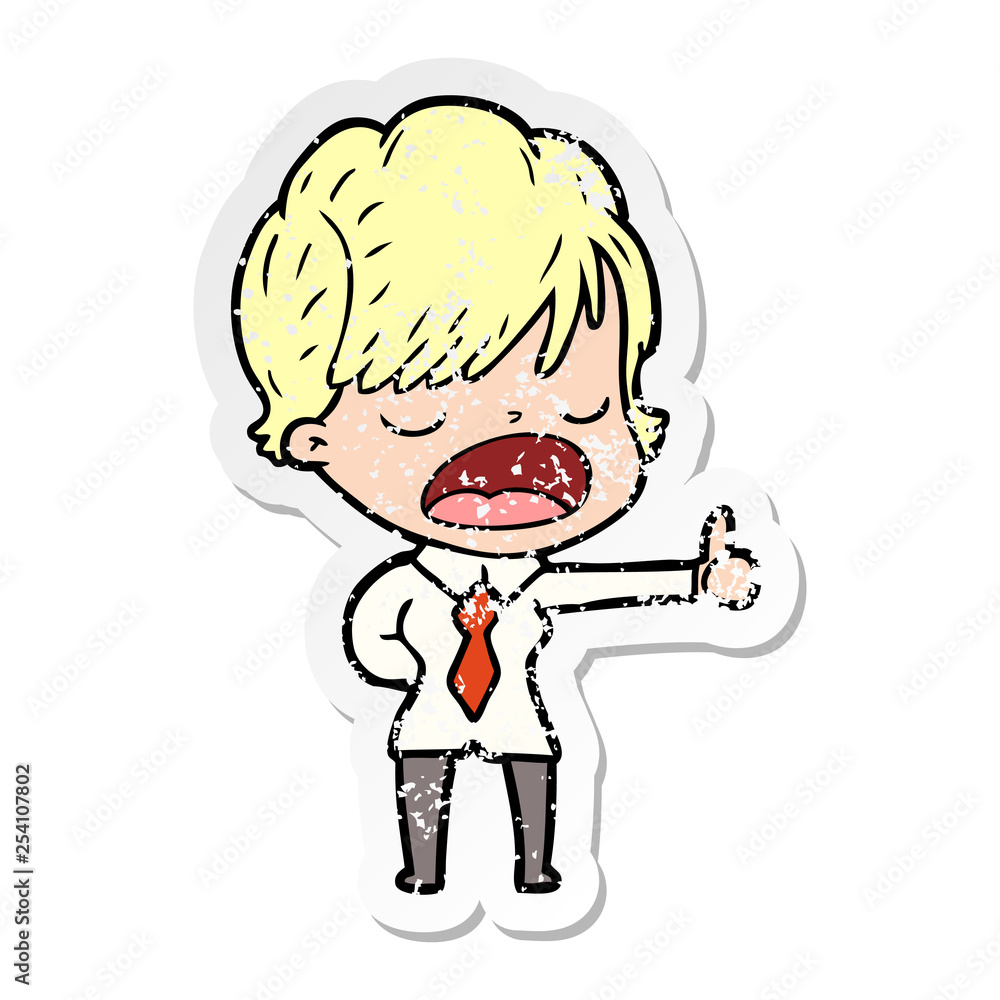 distressed sticker of a cartoon woman talking distressed sticker of a cartoon woman talking