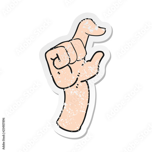 retro distressed sticker of a cartoon hand making smallness gesture