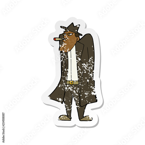 retro distressed sticker of a cartoon man in hat and trench coat