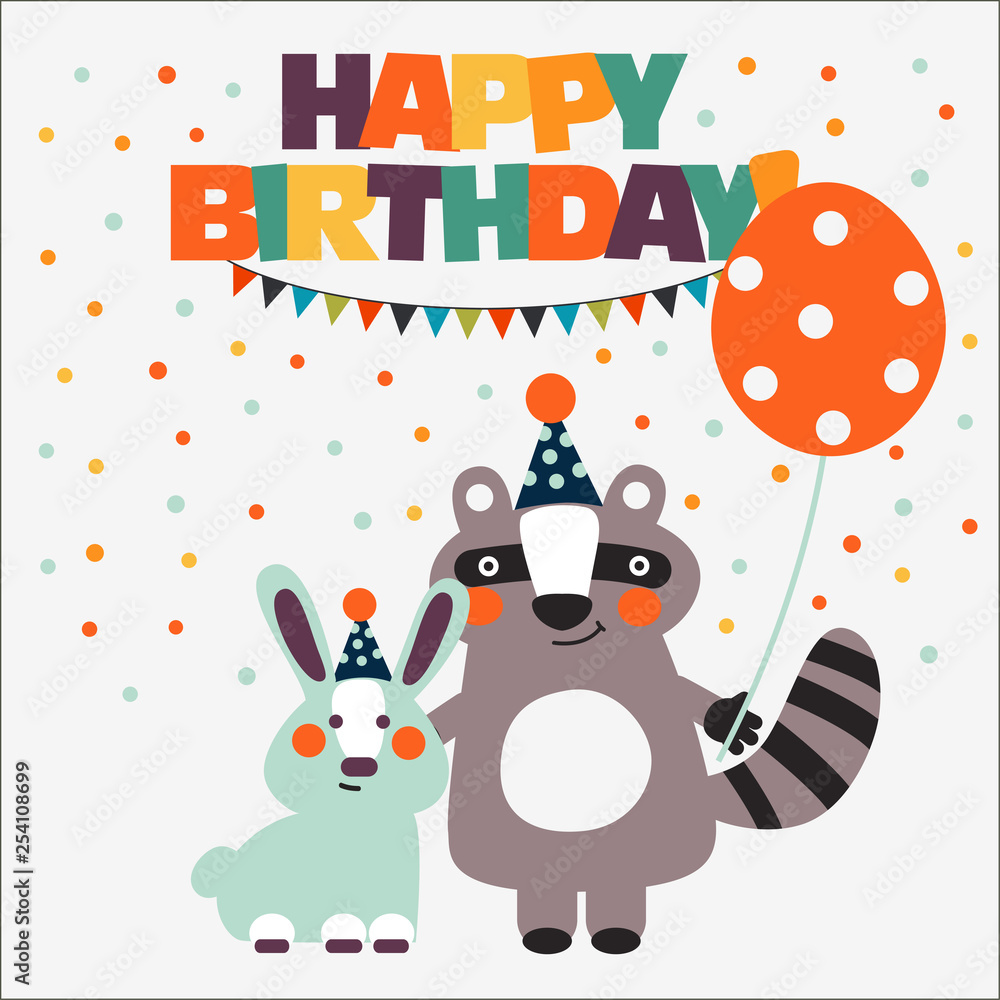 Fototapeta premium Happy birthday - lovely vector card with funny raccoon and bunny rabbit. Perfect for cards, invitations, party, banners, kindergarten, preschool and children room decoration