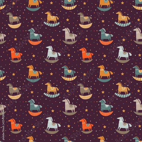 Vector seamless pattern with funny wood horse and stars in pastel colors. Ideal for cards, invitations, wallpaper, web backgrounds, textile industry and children room decoration