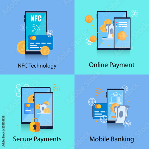 Set Flat Banner Nfc Technology. Mobile Banking.