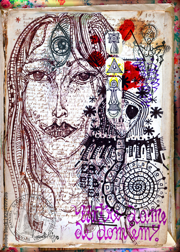 Obraz premium Alchemy and tarot's. Manuscripts, sketches, graffiti and alchemical, astrological, esoteric, ethnical drawings, with symbols, tarots, and chemical and magical formulas